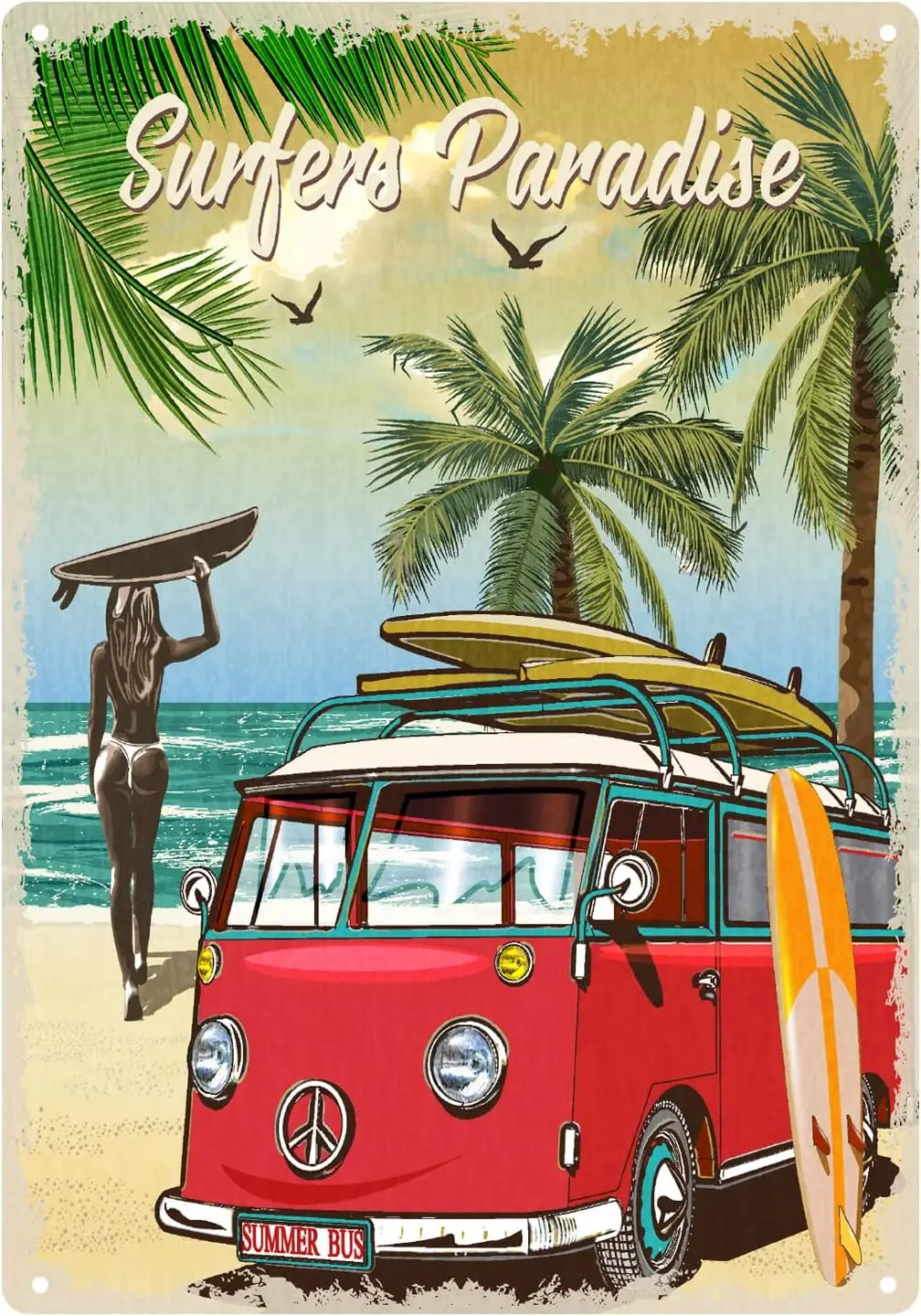 Surfers Paradise Tin Sign, Beach Surfer Lover Bus Sea Vintage Metal Tin Signs For Men Woman, Quotes Plaque Wall Decor For Bar Ga