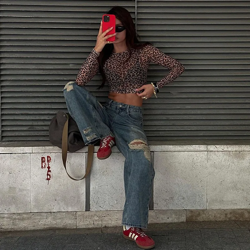 Langärmliges Damen-T-Shirt im europäischen und amerikanischen Stil mit Rundhalsausschnitt und Leopardenmuster, schlankes und sexy Halbperspektive-T-Shirt