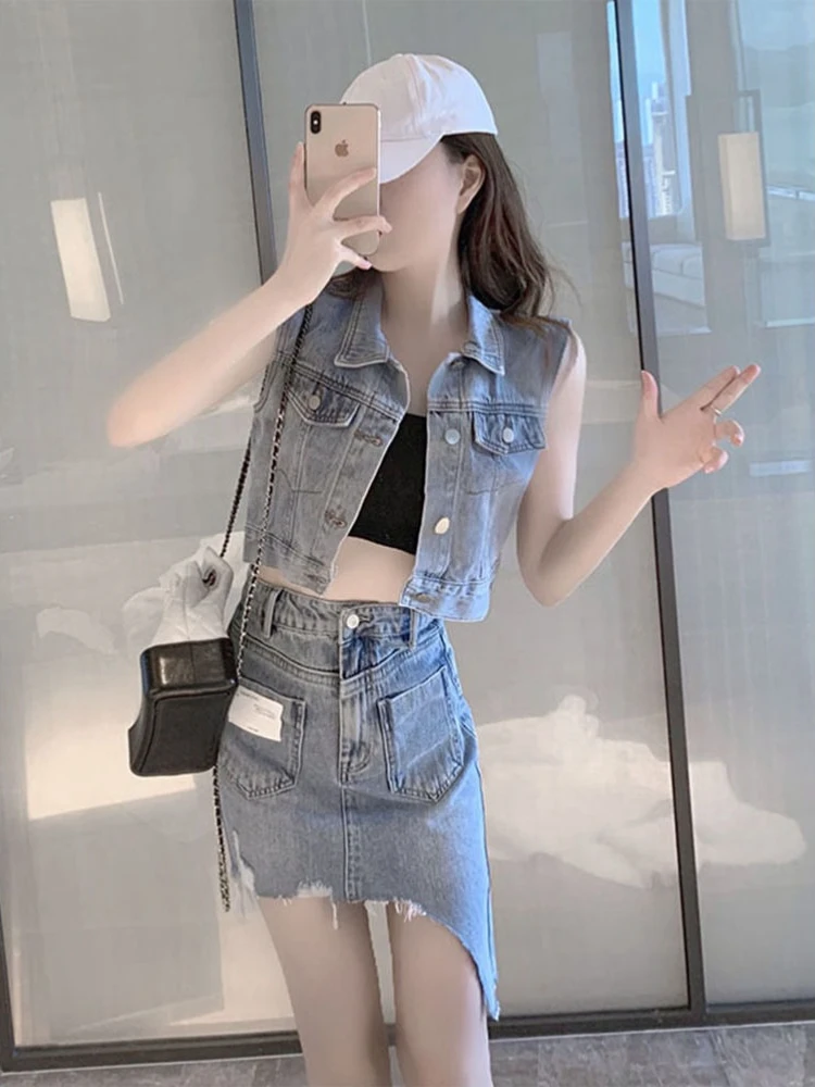 

Sleeveless Women's Two Skirt Piece Set Korean Style New Matching Summer Fashion 2025 Elegant Casual Korea Denim Female Outfits