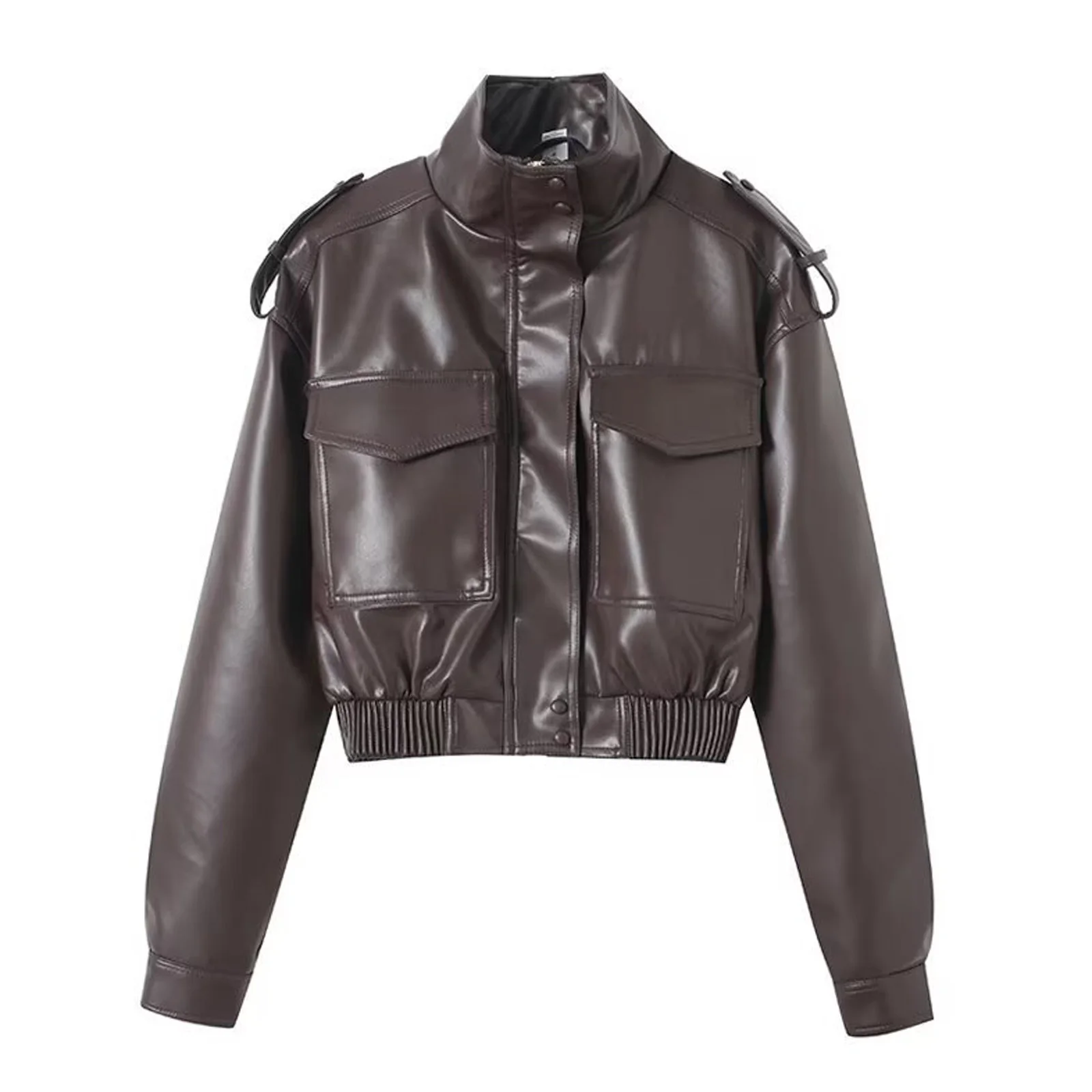 Jaqueta Bomber Feminina de Couro Sintético Cropped Vintage com Zíper Frontal, Gola Lapela e Múltiplos Bolsos – Casaco Quente de Inverno