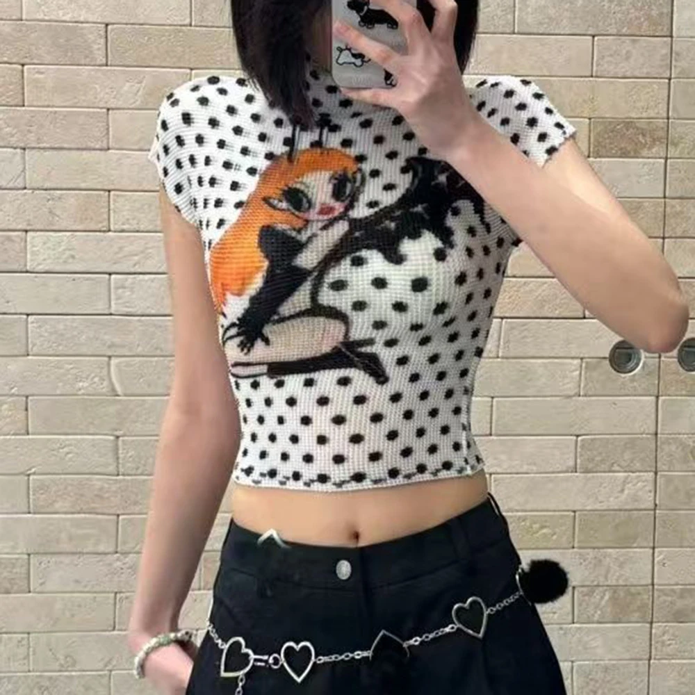 

Polka-dot mermaid print pleated top women's summer semi-turtleneck slim-fit stretch pleated babes short-sleeved t-shirt