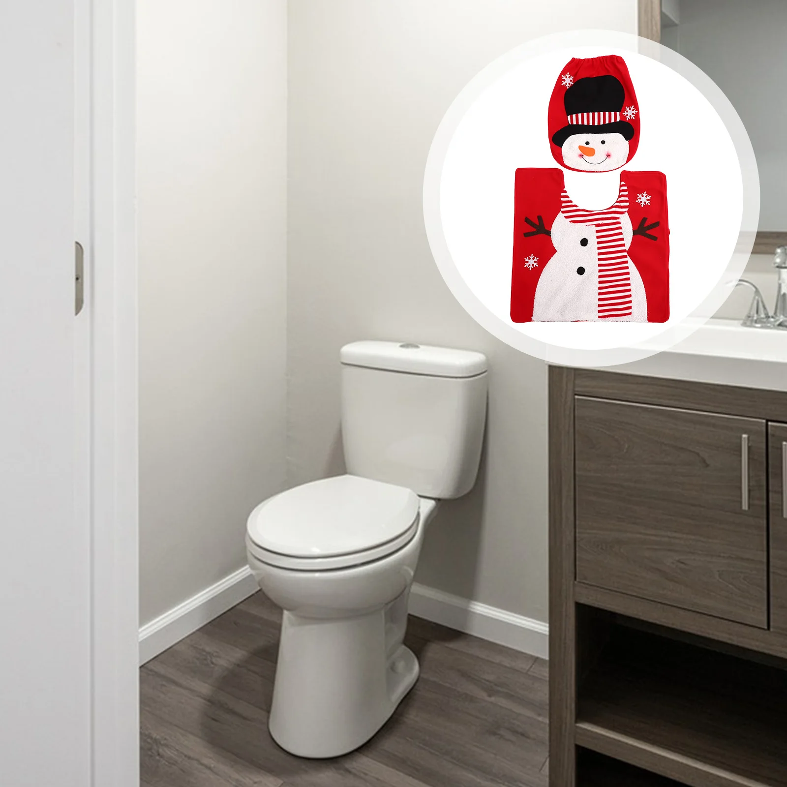 

1 set 1 Set Christmas Mat Set Xmas Decor Snowman Design Decorative Toilet Floor Cushion Polyester Toilet Floor Mat For