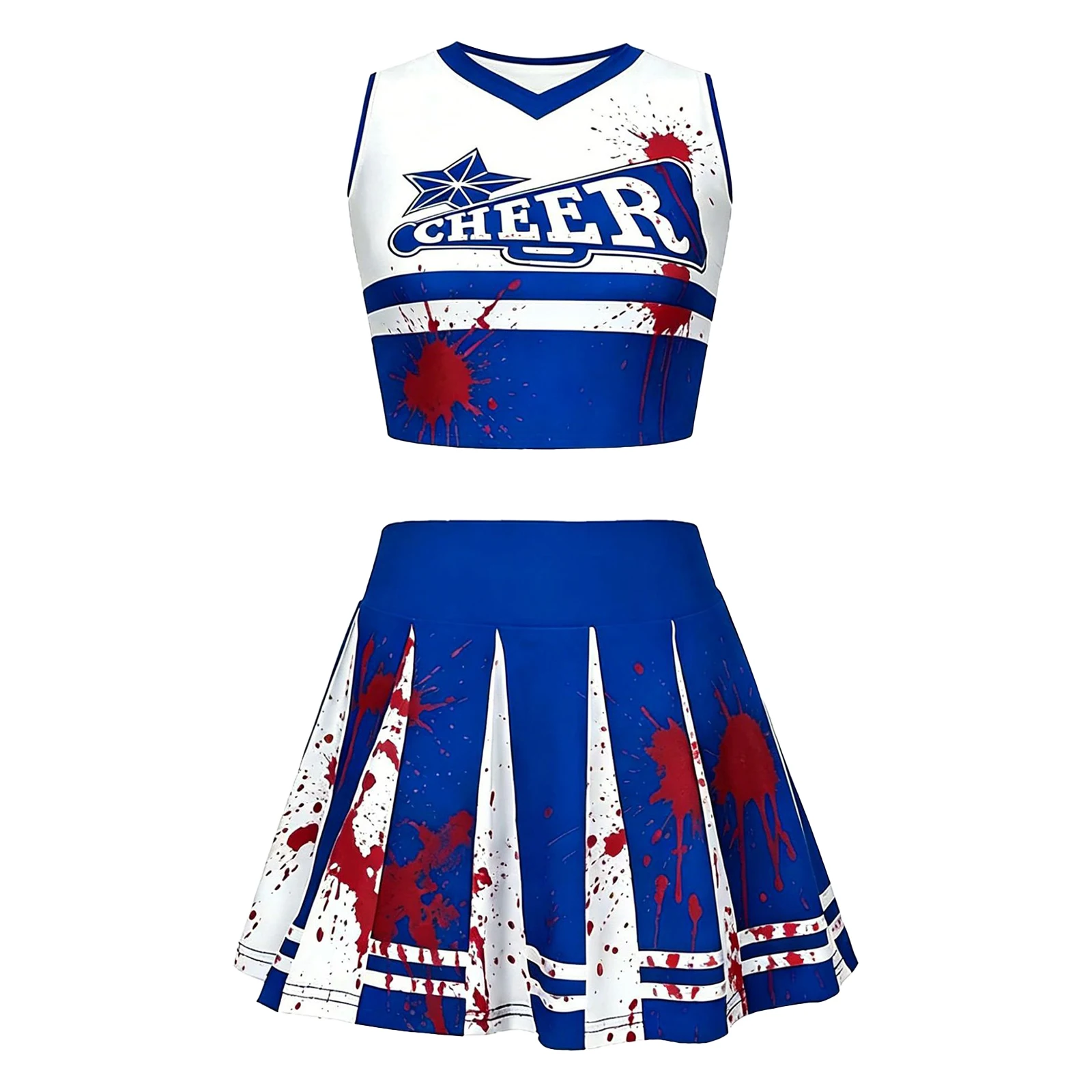 Kinder Mädchen Halloween Cheerleader Cosplay Kostüm Cheerleading Uniform V-Ausschnitt Crop Top mit Faltenrock Cheer Dance Outfit – Detail 7