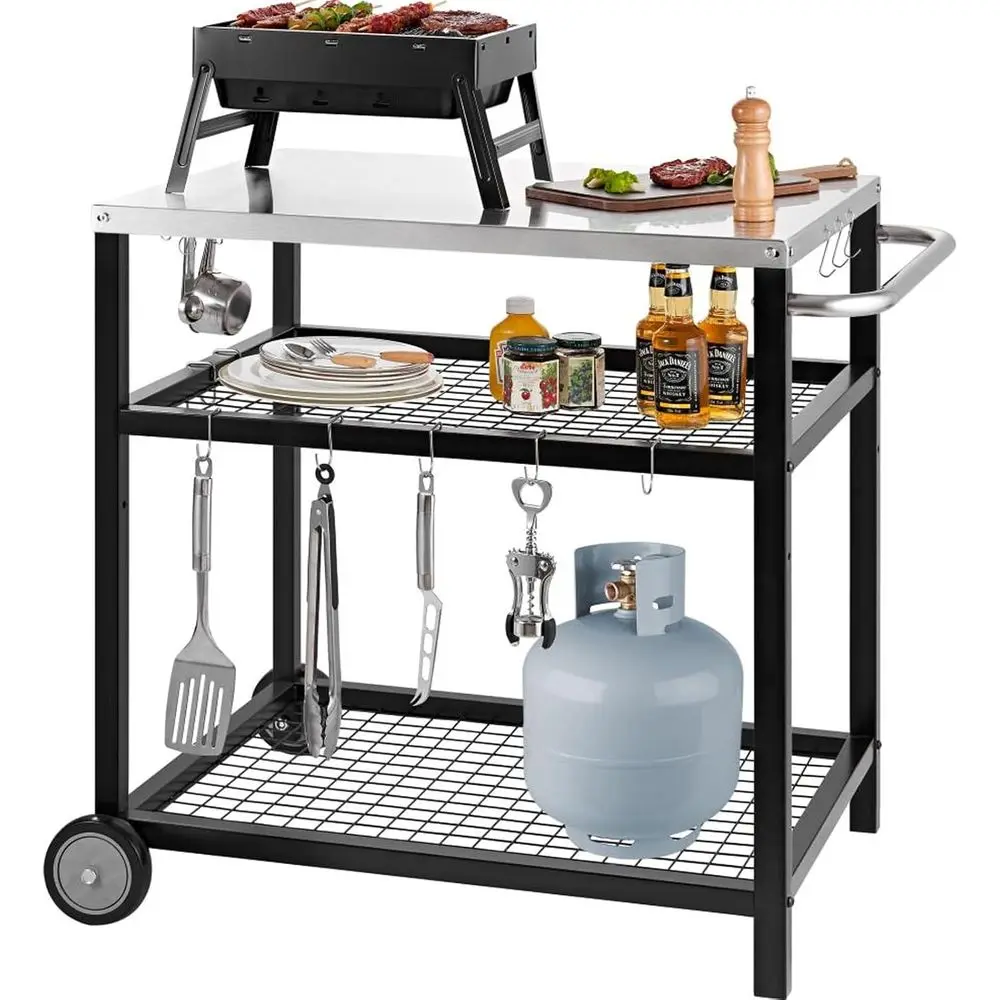 Movable Stainless Steel Pizza Oven Cart with Three Shelves, Outdoor Food Prep Table, 31.5 x 24 x 33.5