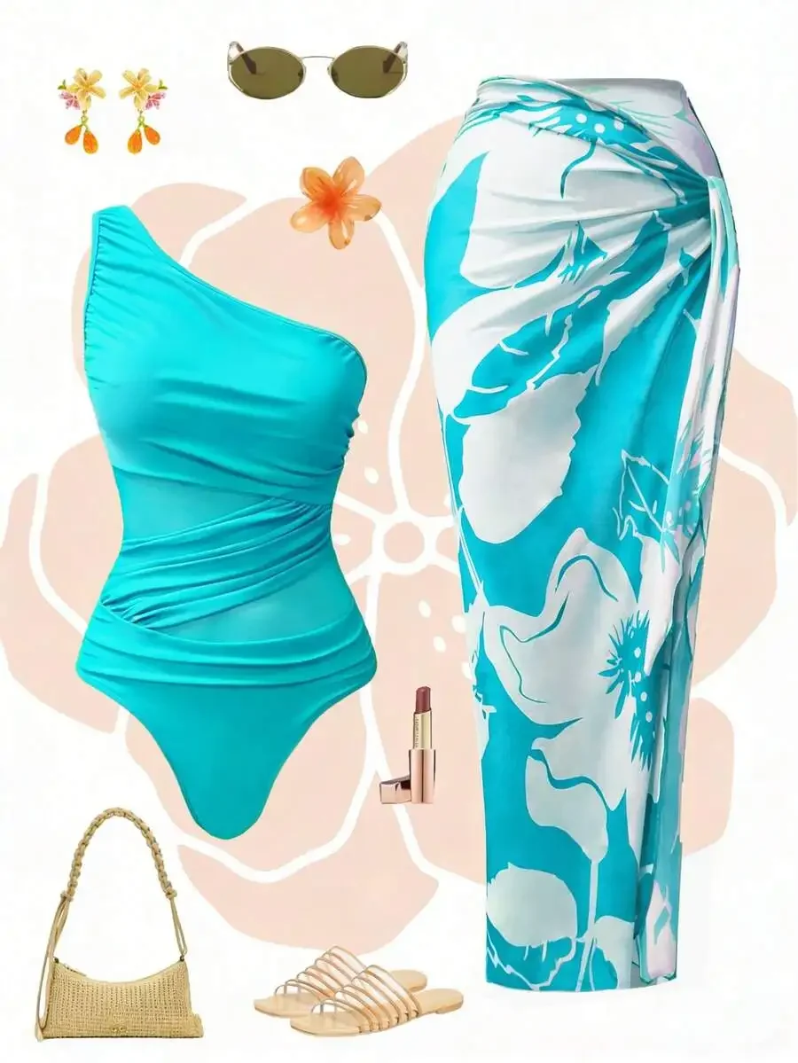

Women One Piece Ruched Monokini With Floral Printed Sarong Set