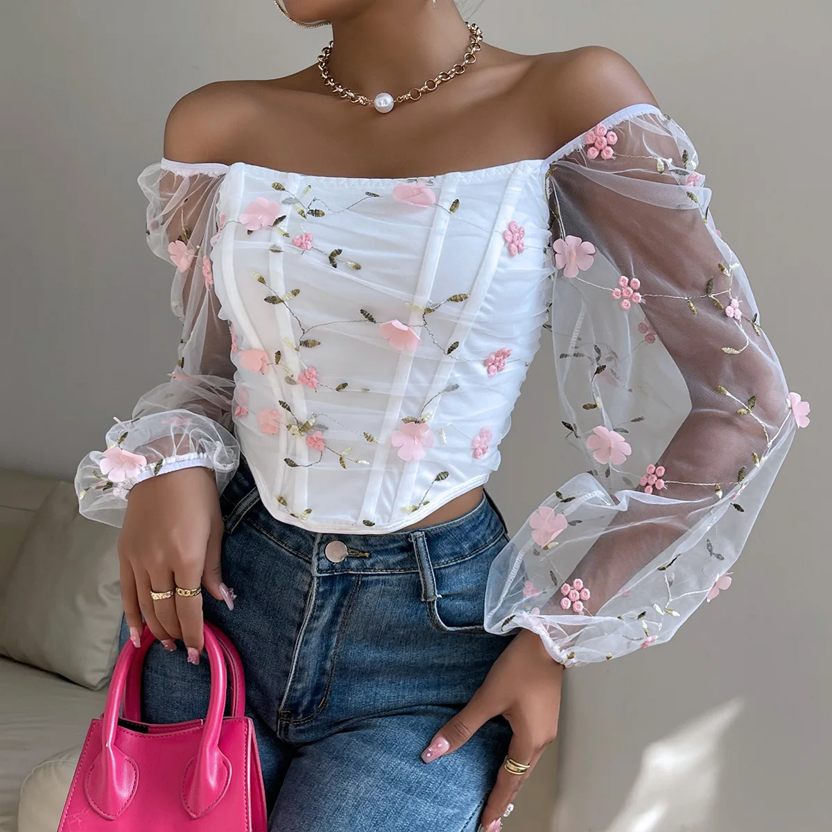Sexy White garze corsetto Bone Cropped Top French Summer Women Clothes Floral Backless manica lunga Bustier canotta Slim canotta