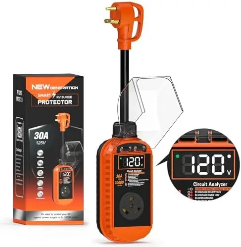 

Smart 30A RV Surge Protector with Auto Shutoff, LED Display & IP67 Waterproof – 10,000J Protection