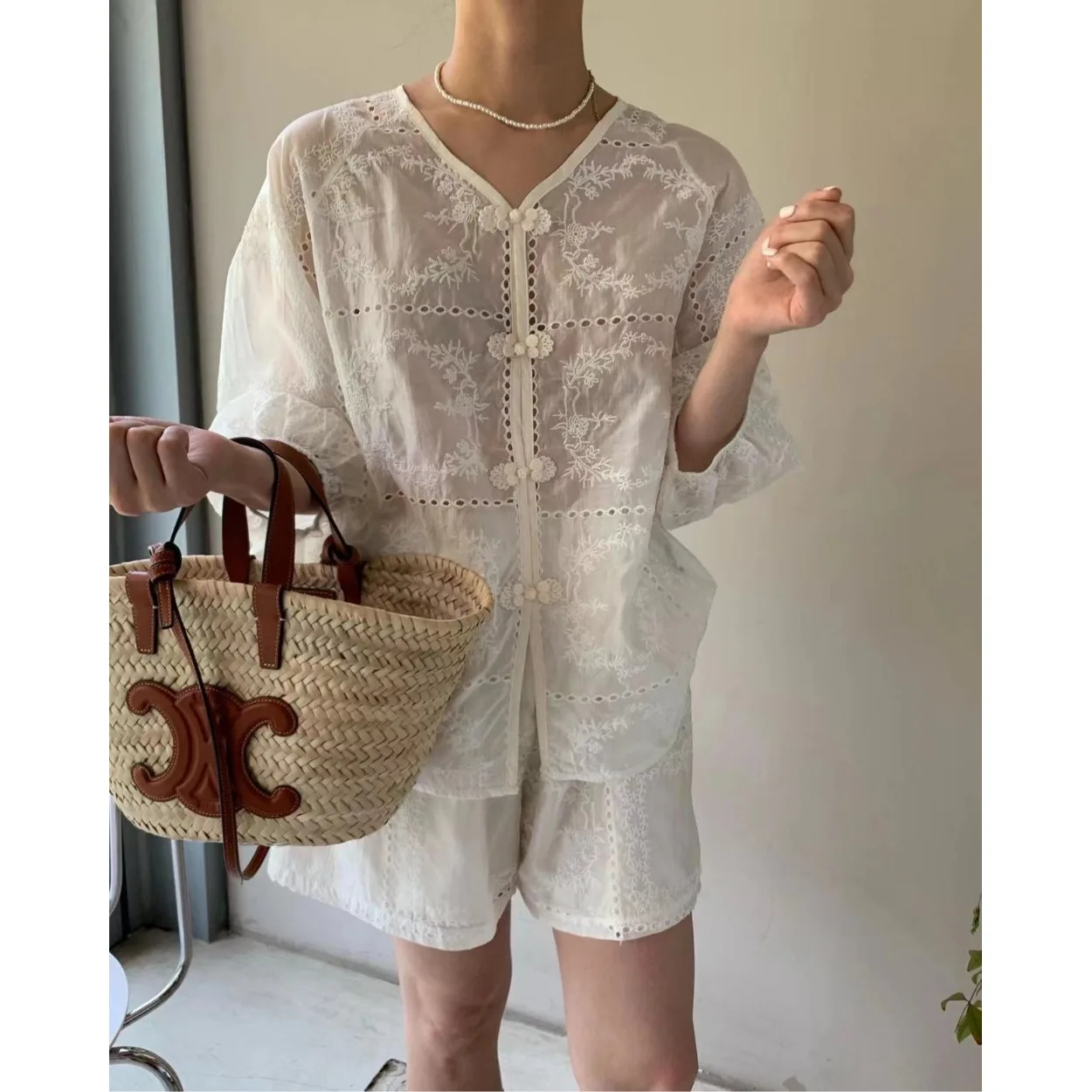 Rétro Chic été ort Sve brodé crochet creux fleur irt taille haute jambe large orts femmes Faion coréen Sle