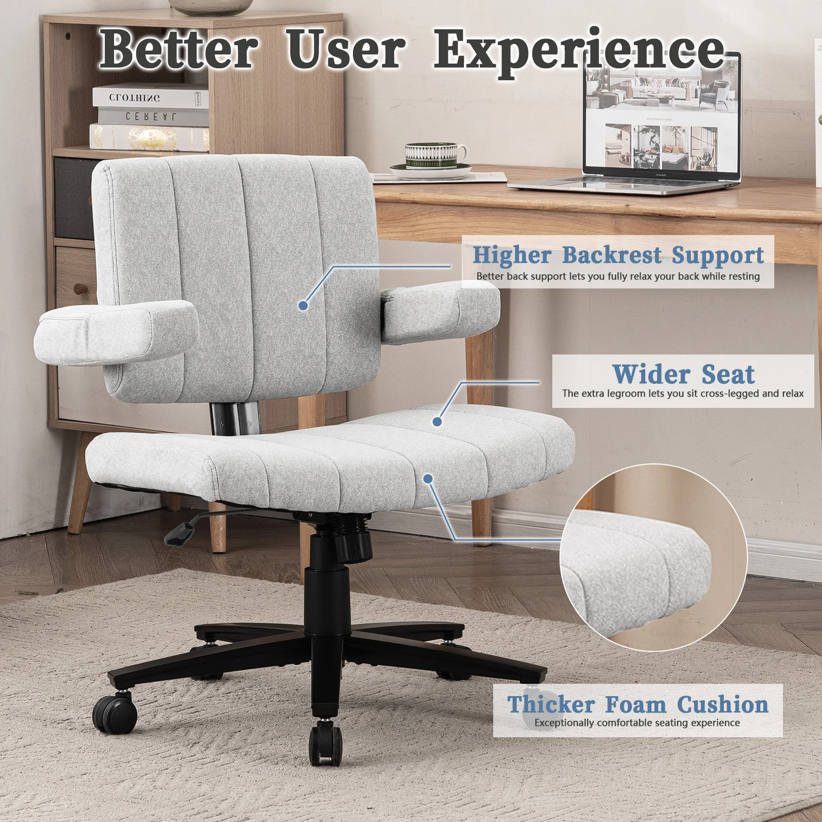 VIGOSIT Criss Cross Chair, Anti-Grip fabric Comfort Cushion Modern Tailor Seat chair for Office,Cute Vanity Swivel Chair with Back Modern Fabric with Wheels Swivel Task Home Gaming Chair image 5