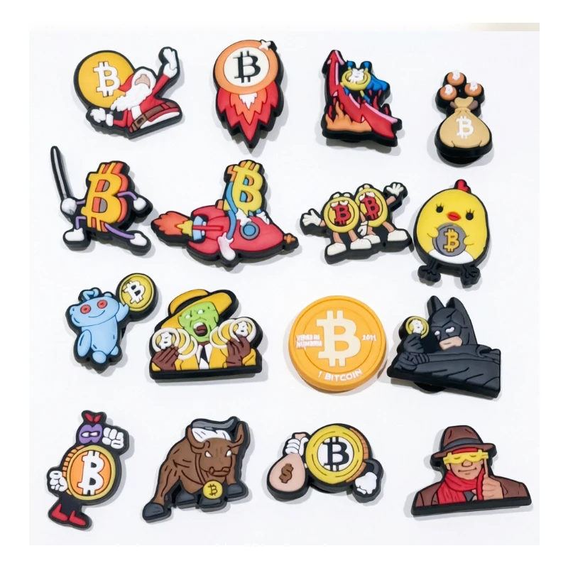 16-100 pièces argent Bitcoin Designer Style chaussures breloques bricolage pour Crocs-Style à la mode personnalisé chaussures accessoires cadeaux de noël