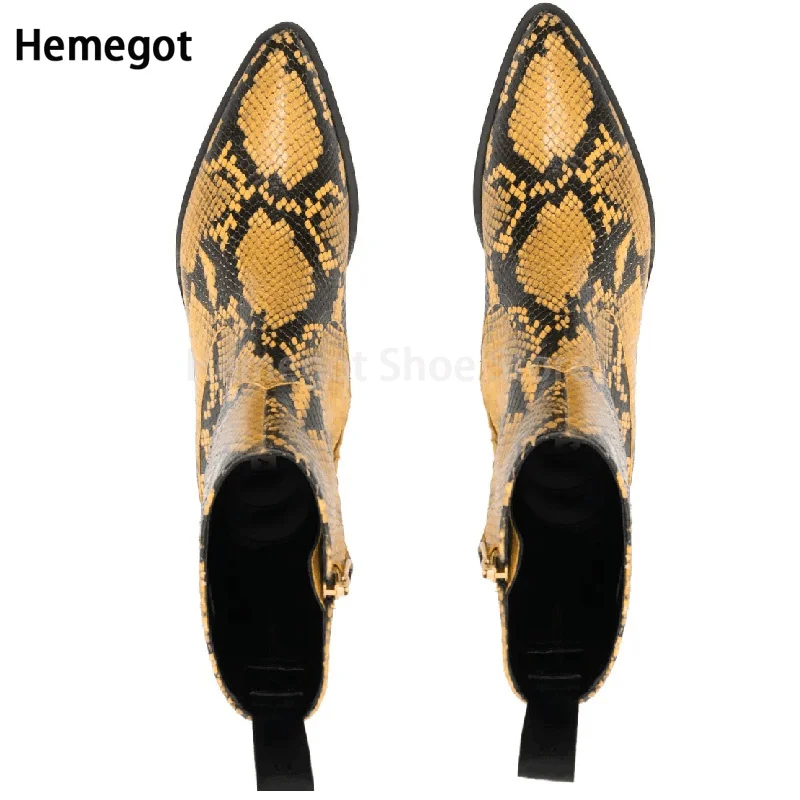 Cowhide Snake Print Boots Men\'s Chelsea Boots Summer Fashion Personality New Pointed Toe Heightened Side Zipper Casual Shoes