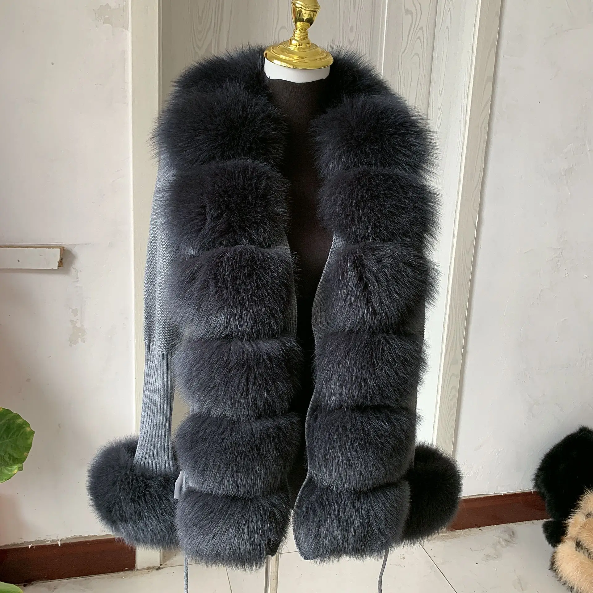 Women's spring and autumn sweater cardigan jacket with real fox fur collar real fox fur jacket natural fox fur women's jacket