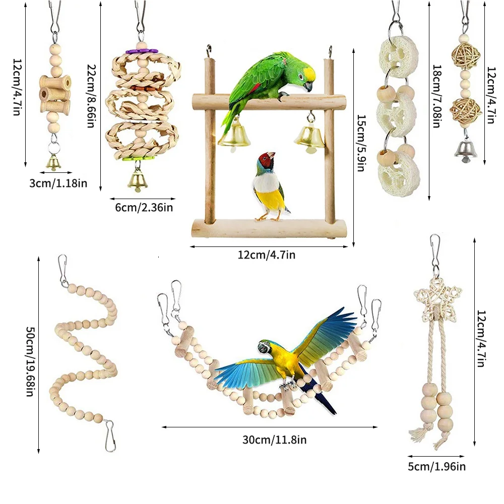 8PCS Random Bell Bird Toys for Parakeets, Parrot Swing Chewing Hanging Standing Wooden Toys Bird Cage Accessories view 6