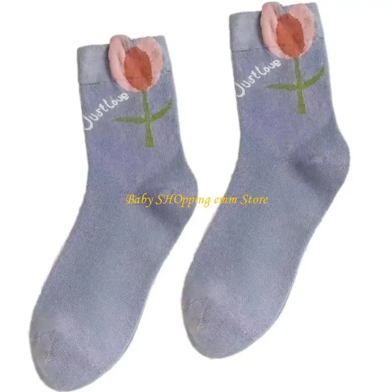 

23GD Women's Flower Socks Korean Casual Wear Midcalf Socks for Spring Autumn
