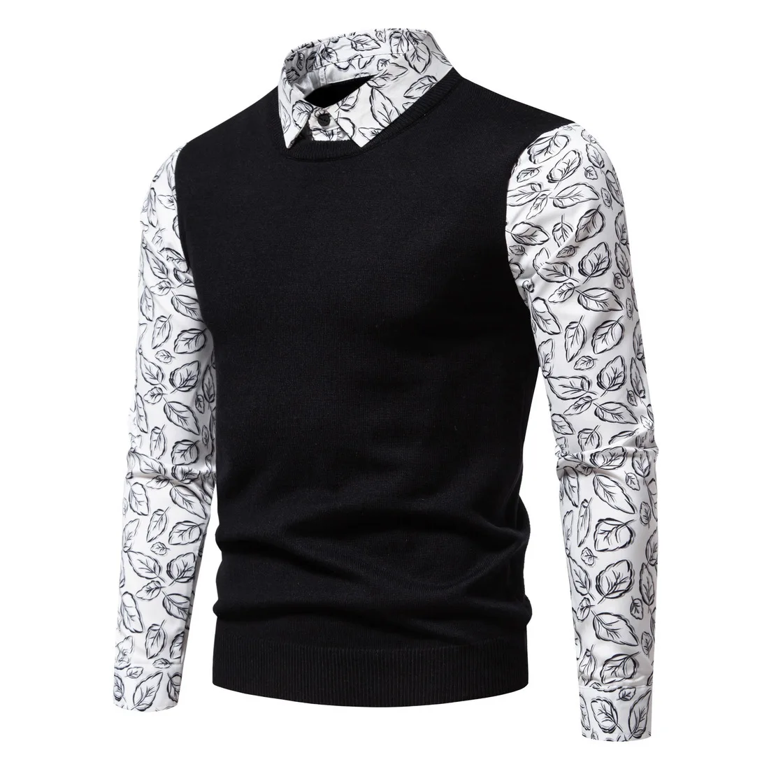 New Men's Pullover Sweater Printed Sleeves Casual Bottom Shirt Collar Fake Two Piece Slim Fit Knitting Shirt Polo Designer Top