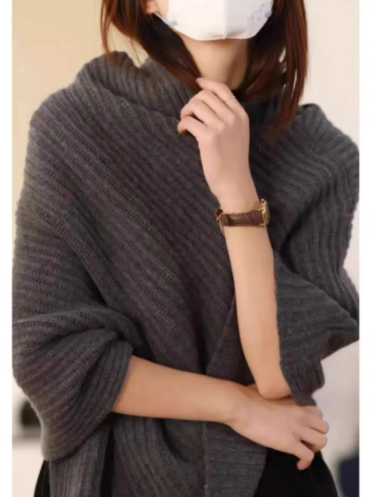 Sweter szal damski z czystego kaszmiru o wysokiej jakości, z nieregularnym golfem, luźna, gruba dzianina, narzutka na wieżę.