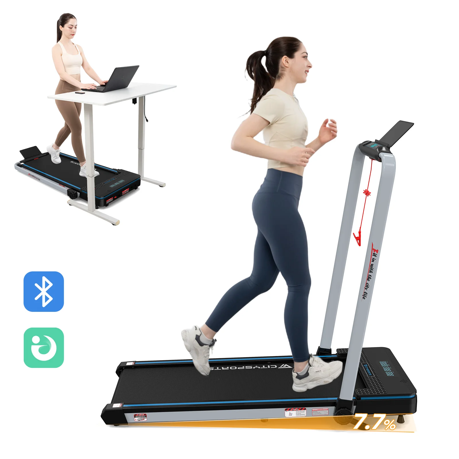 CITYSPORTS PRO Tapis de Course, Tapis de Course Électrique, Tapis de Course Électrique Inclinable, Tapis de Course 12kmh, Tapis de Marche Inclinable 7.7%, ,2.0HP, 120kg, APP/Télécommande/Accoudoir