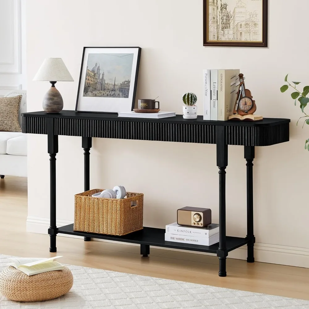 Sturdy 63'' Fluted Console Table with 2 Drawers, 2-Tier Long Entryway Tables with Open Storage, Wooden Narrow Sofa Table Behind