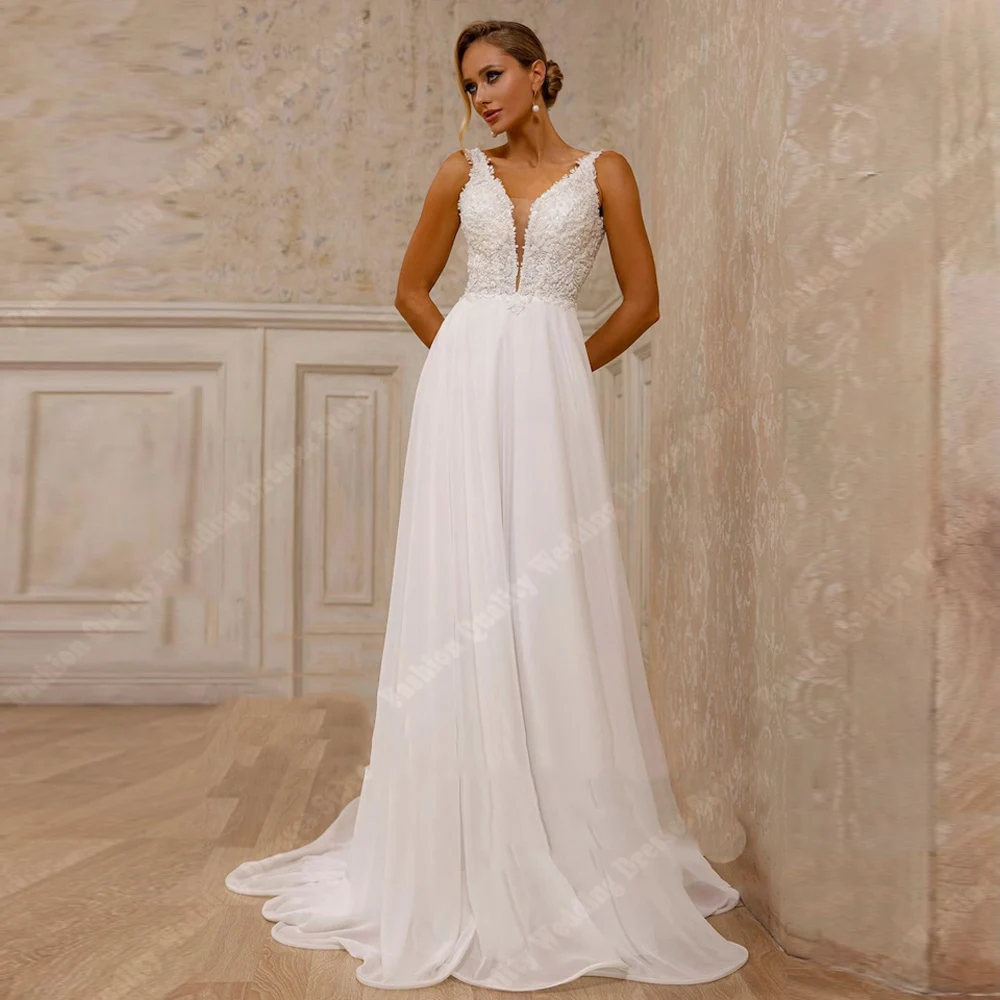 Charming A-Line Deep-V Neck Women Wedding Dresses Princess Sparkling Bridal Gowns Formal Banquet Sleeveless Vestidos De Novias