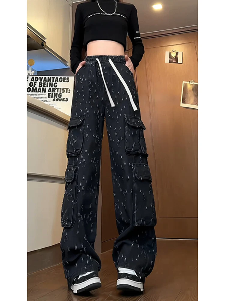 

Свободные прямые джинсы, мужские весенне-осенние джинсовые брюки из выцветаного хлопка, повседневные брюки длиной до пола с кетами