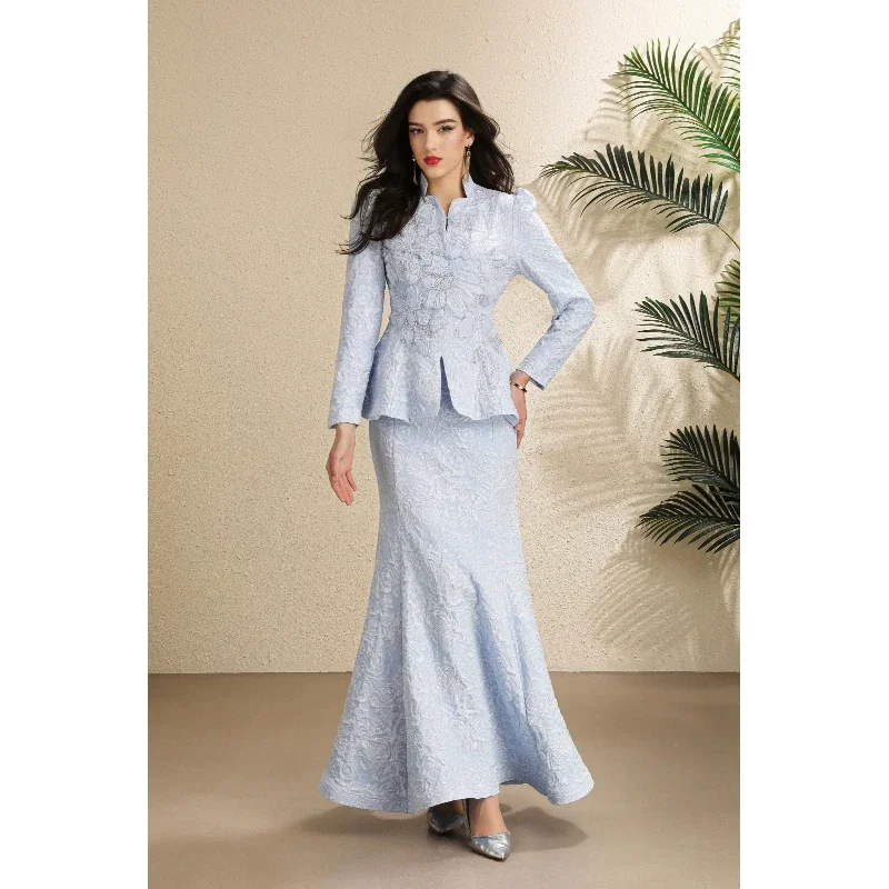 Greenora Luxury Jacquard Two Piece Set Beaded Embroidery Long Sleeve Top + Maxi Mermaid Skirt Women Evening Wedding Formal Party