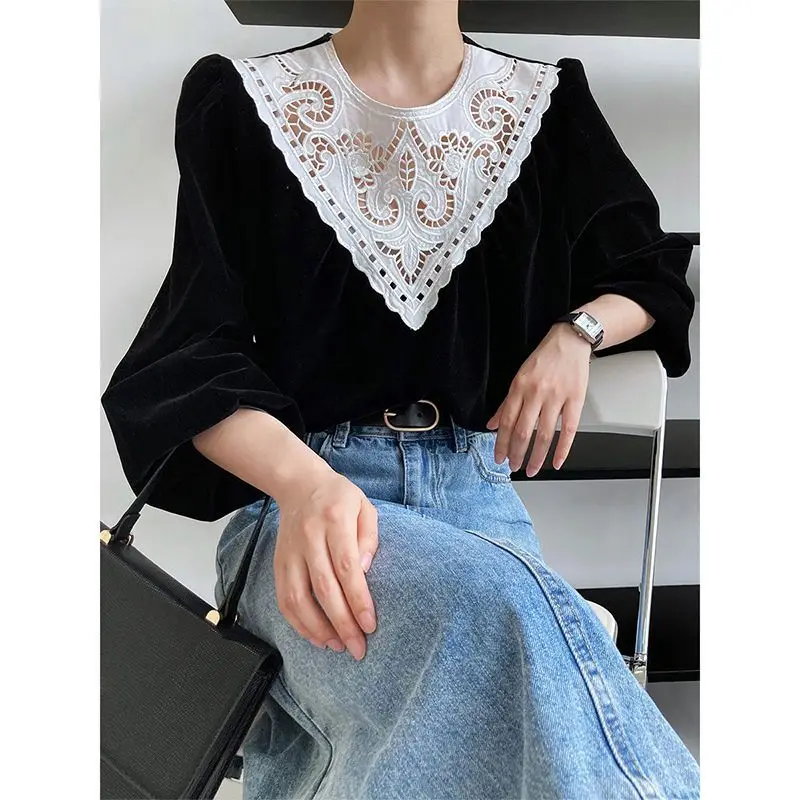 

Women Clothing Elegant Trend Patchwork Lace O-neck Long Sleeve Solid Color Pullovers Autumn Winter Thin Fashion Loose T-Shirts