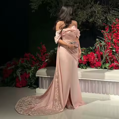 Luxury Evening Dress Off the Shoulder Applique Trumpet/Mermaid Evening Gown Long Criss-Cross Split Pleat Women's Formal Dresses