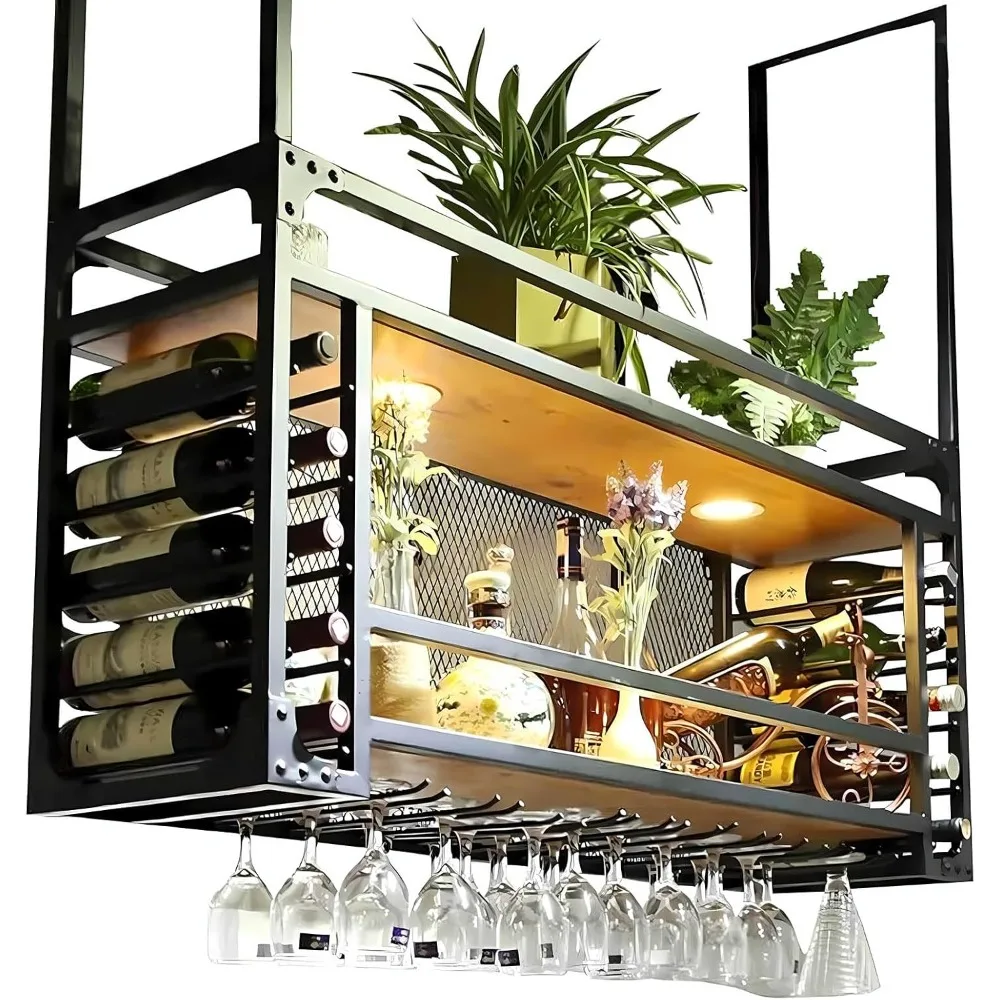 

wall mounted wine rack with led light, hanging wine bottle holder ceiling, 2-layer liquor bottle and glass holder display storag