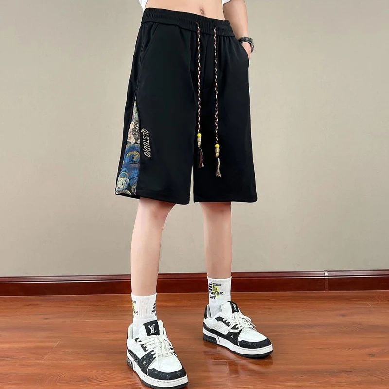 Streetwear Elastic Waist Loose Cargo Shorts Straight Lacing Temperament Simplicity Handsome Patchwork Printing Men's Clothing