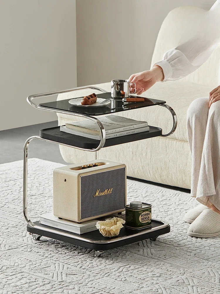 Side table movable square glass small cart with wheels, living room bedside sofa decoration