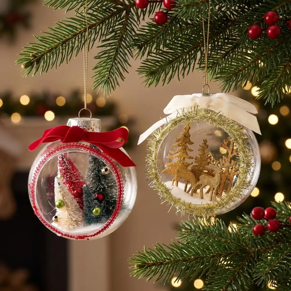 Miniature Snow Scene Ornaments Christmas Ball Ornament with Bow Reindeer Snow Scene Hanging Sphere Xmas Tree Decoration
