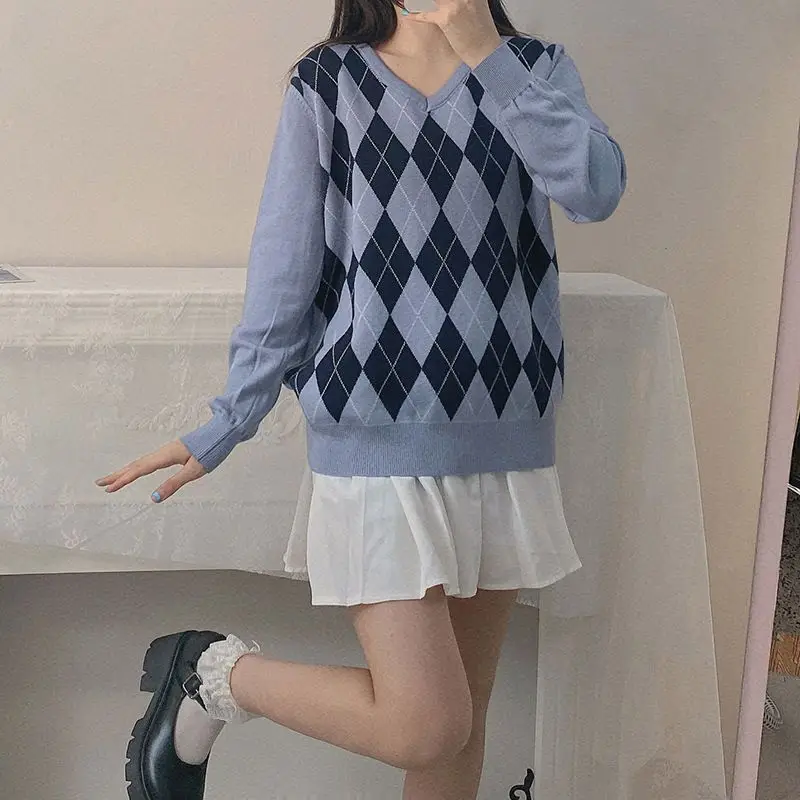 Sweater With Contrasting Color Geometric Rhombus Pattern For European American Loose Slimming And Versatile College Style Top