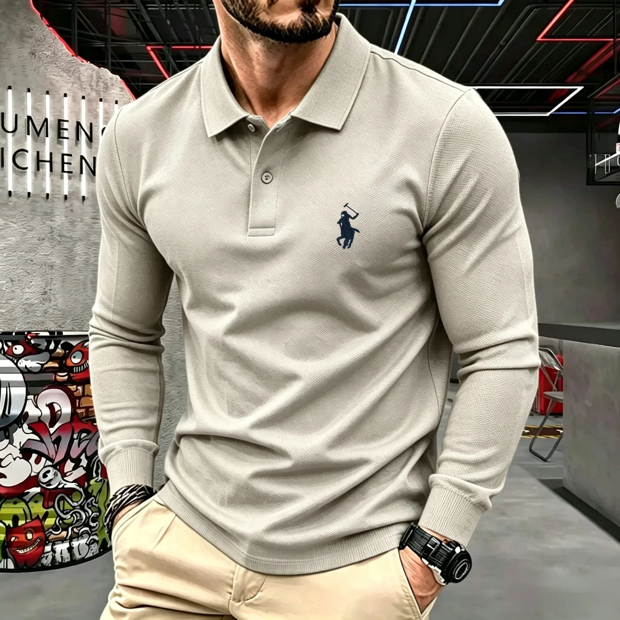 100% reine Baumwolle, hochwertiges Marken-Herren-Langarm-Poloshirt, Herbst-Winter, modisch, luxuriös, bestickt, Golf-Oberteil, lässiges T-Shirt – Detail 18