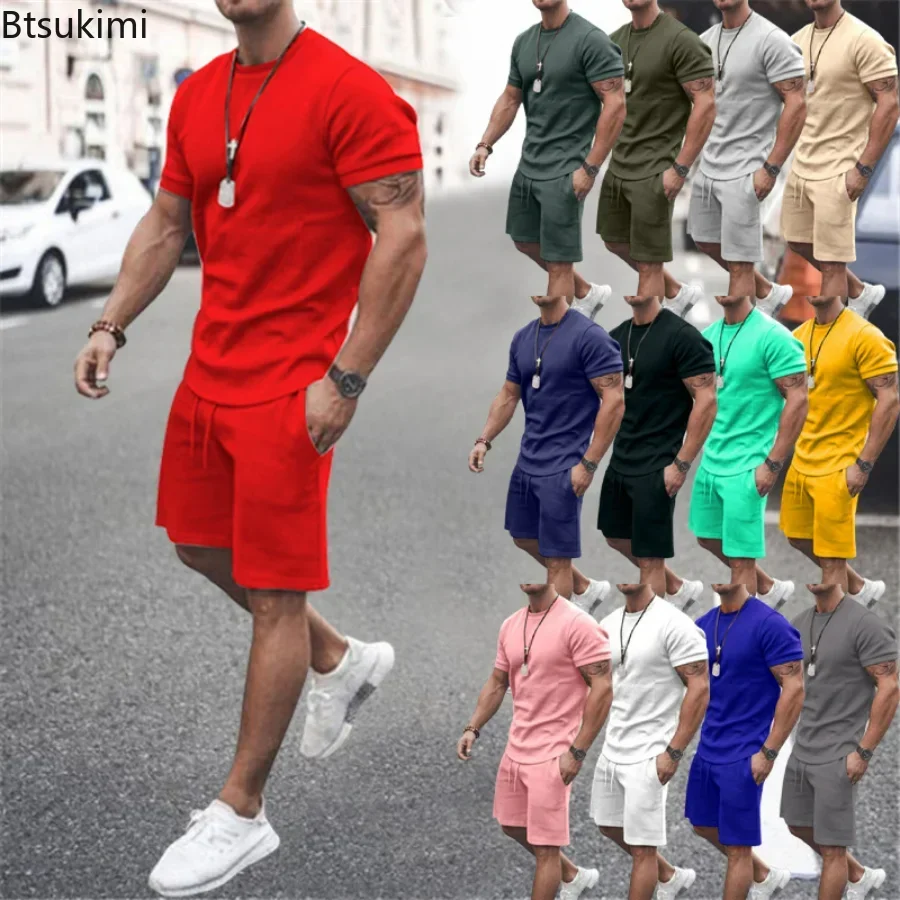 2025 Conjuntos de traje deportivo informal de 2 uds de verano para hombre, conjuntos de chándal sueltos de Fitness sólidos, conjuntos de camisas y pantalones cortos de manga corta para hombre