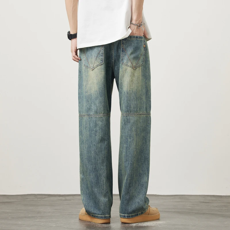 

Vintage Fashion Autumn Jeans Men's Straight Baggy Streetwear Splicing Korea Personality Casual Blue Gray Male Denim Trousers