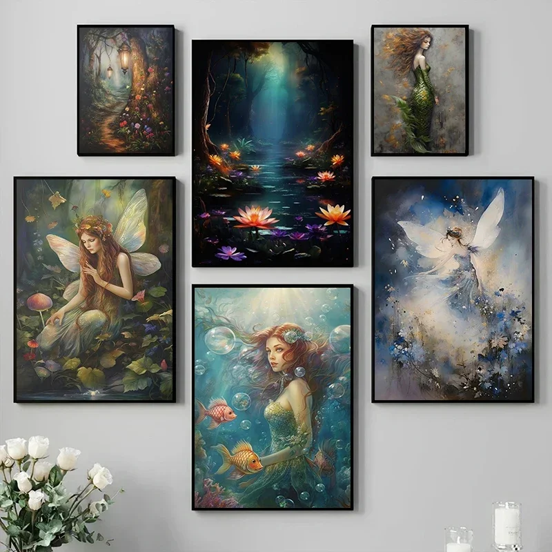 Mermaids on The Seabed Beautiful Fairy in Enchanted Forest Poster Canvas Painting Fantasy Wall Art Picture Girls Room Home De