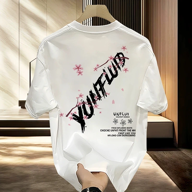 Danqi Yoyo Men's Fitted Cotton T-shirts  T Shirt Summer Wear Casual for Men Flower Letter Print Tee Shirts White Men Clothing
