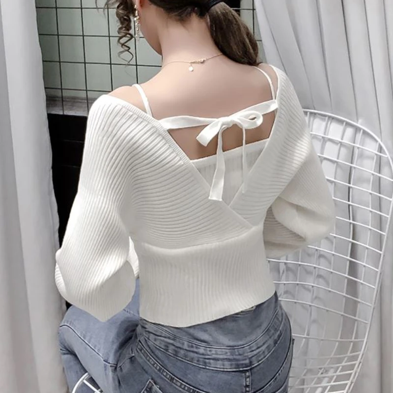 Fake 2 Pcs Knitted Pullovers Women Soft Gentle Criss-crossed Design Korean Fashion Simple Casual College Basic Pure Sueter Mujer