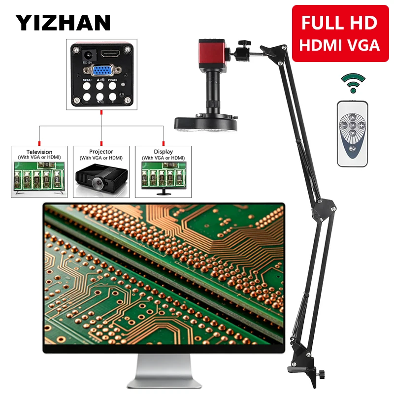 Ｄigital Ｍicroscope 13MP Full HD HDMI Camera VGA Port Industrial Microscope Zoom 150X Lens Adjustable Metal Arm Stand Bracket