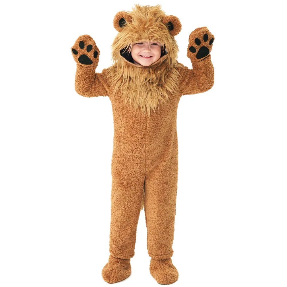 Cute Kids Baby Halloween Lion Cosplay Costumes Downy Brown Color Winter Cute Animal Cosplay Jumpsuit Sets With ACC