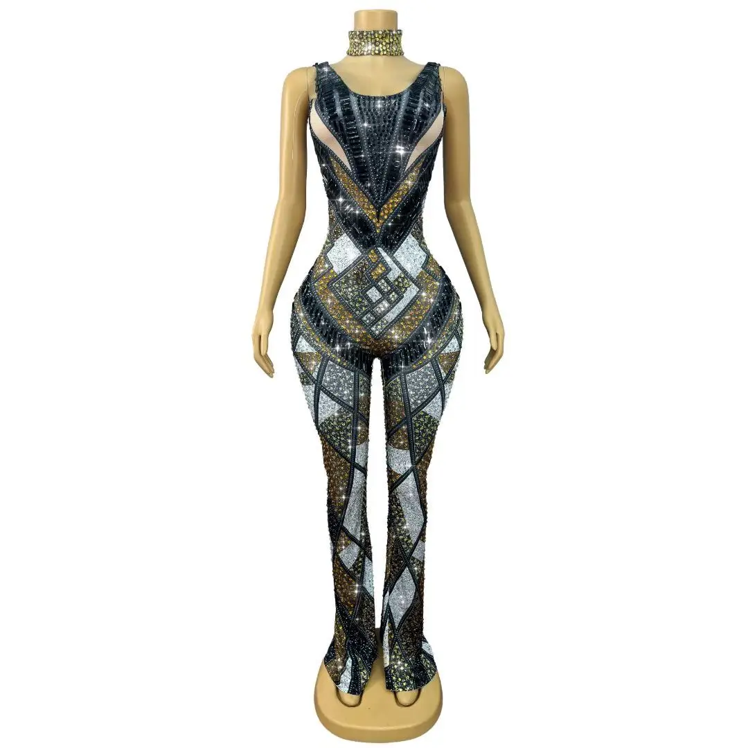 Luomacaizuan Sparkly Multi Tone Geometric Rhinestone Bodycon Jumpsuit Sleeveless Cutout Mesh Flare Pants Competition Dance Wear