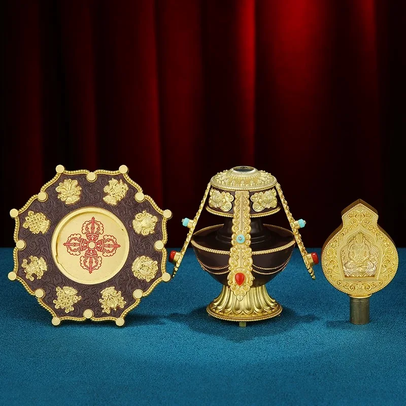 Tibetan Infinite Longevity Altars Bottle,Alloy Aquarius Inlaid Gem Buddhist Storage Bottle,Buddhism Religious Item Decorative