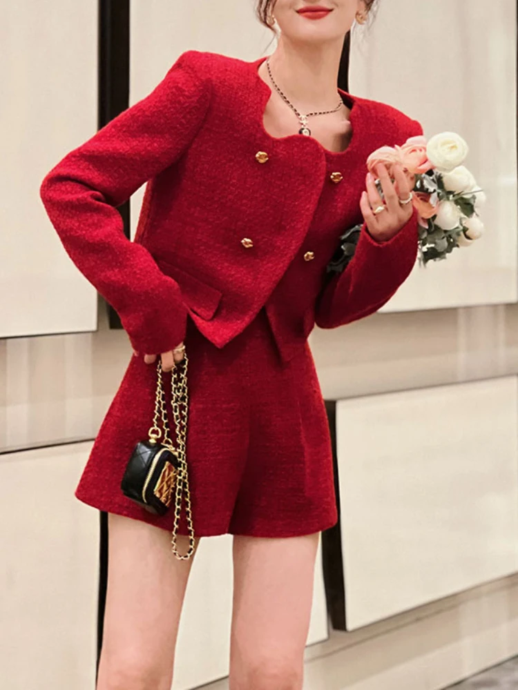 Elegant Commuter Autumn Winter Suit Women\'s New High Quality Metal Buckle Tweed Blazer Coat+Shorts Casual Fashion 2 Piece Set