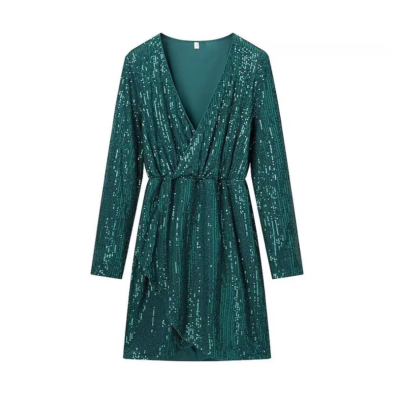 2026 Spring New Elegant Sequined Long Sleeve Dress Women's Sexy Deep V Neck High Waist Slim Fit Party Evening Cocktail Short Min view 4