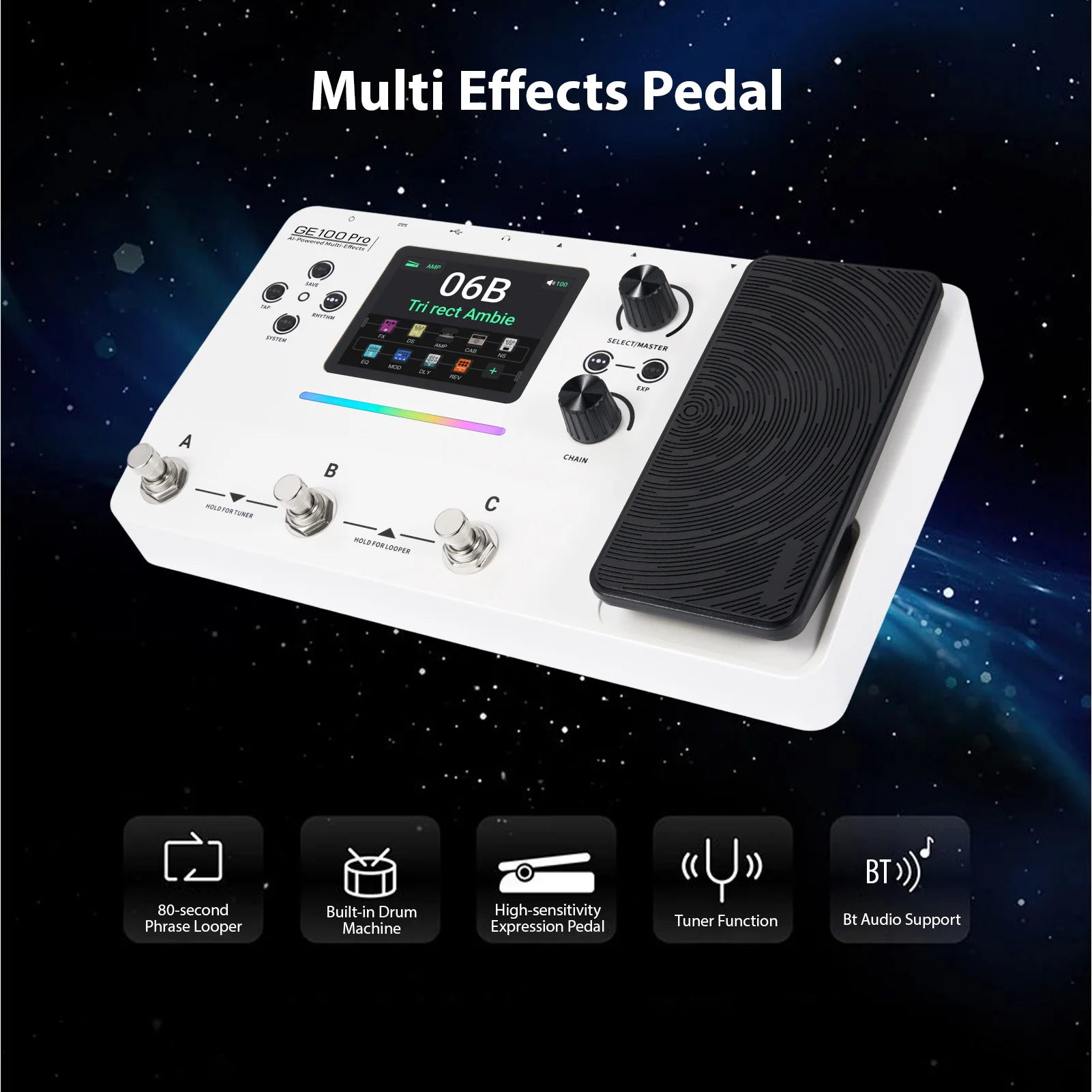 Mooer GE100 Pro Multi Effects Processor 3.5 Inch Screen AI Advisor 150 Presets Looper Drum Machine Guitar Pedal
