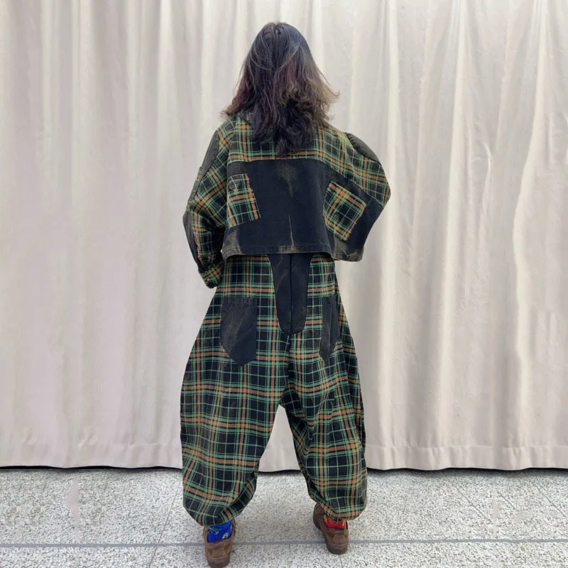 ANJY Autunno Nuove Donne Casual Marea Plaid Monopetto Giacca di Jeans Elegante Streetwear Y2K Tasca di Colore a Contrasto Tuta A8521