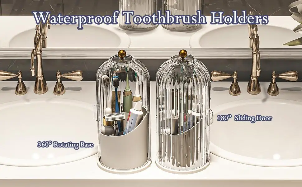 Toothbrush and Toothpaste Holders with Cover, All Pink | Waterproof and Dustproof, 360° Rotating Base, Smooth Sliding Door, 3 Slots, for Bathroom Countertop