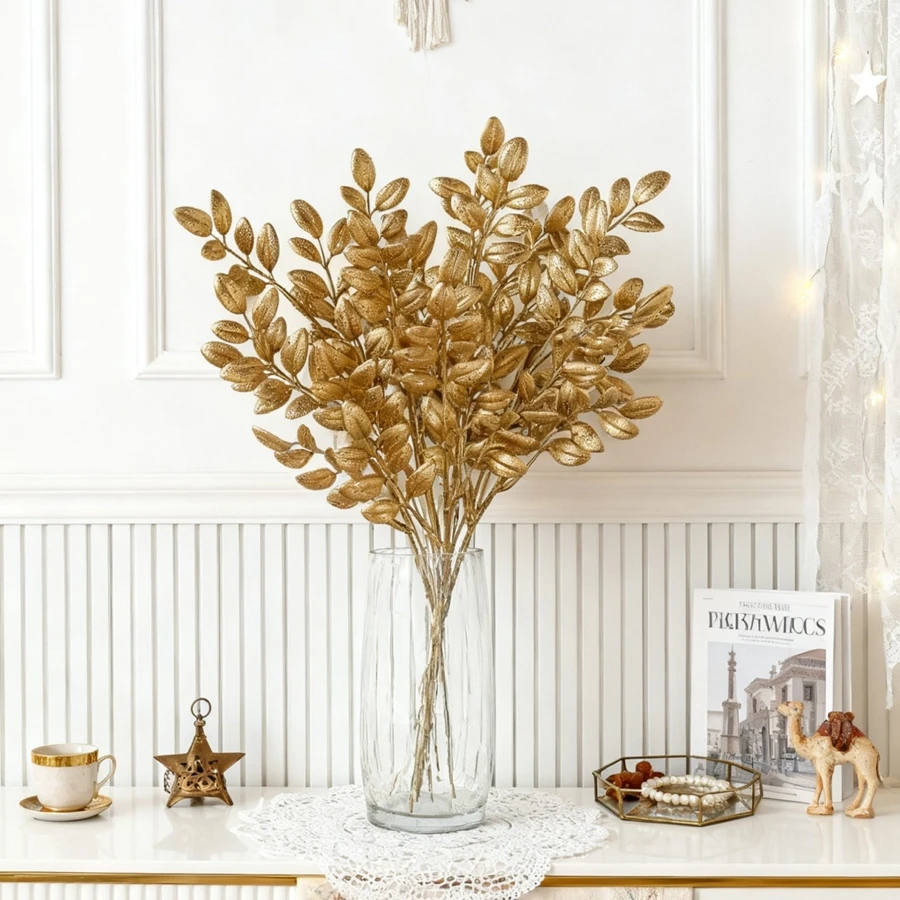 10 قطعة نبات اصطناعي أوراق ذهبية السنة الجديدة عيد الميلاد ديكور غرفة المنزل في الهواء الطلق الزفاف حديقة إكليل إكليل لتقوم بها بنفسك صندوق هدايا رخيصة #6