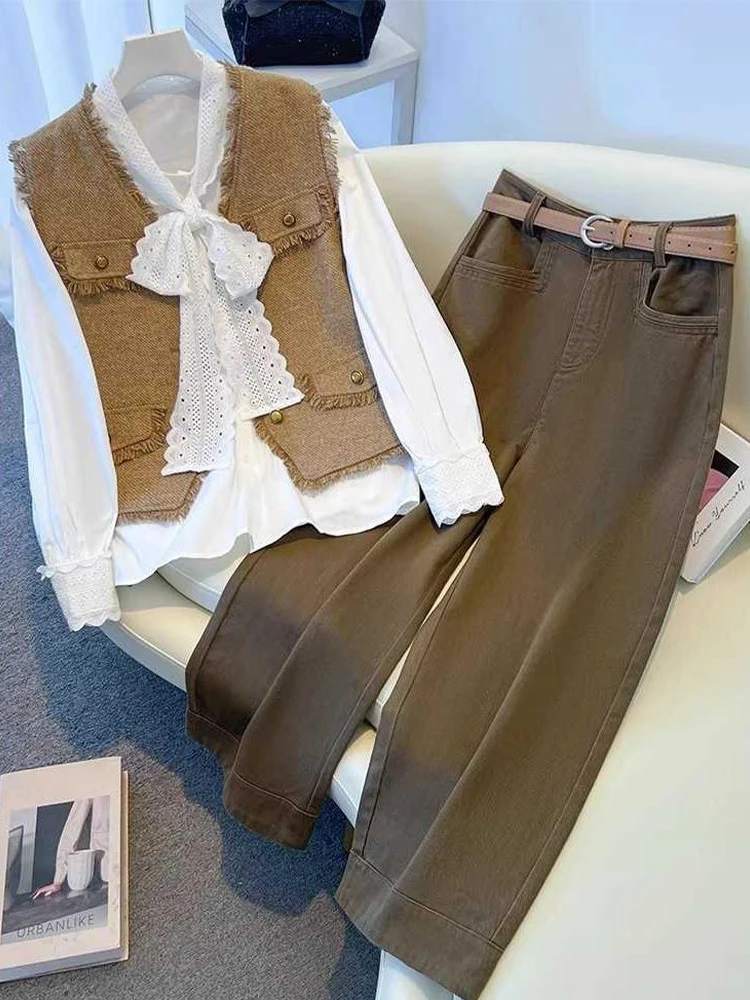 

Fall New Style Korean Gentle Wind Silk Scarf Collar Long Sleeve Shirt Tassel Wide Leg Pants Set Women's Fashion Ensemble