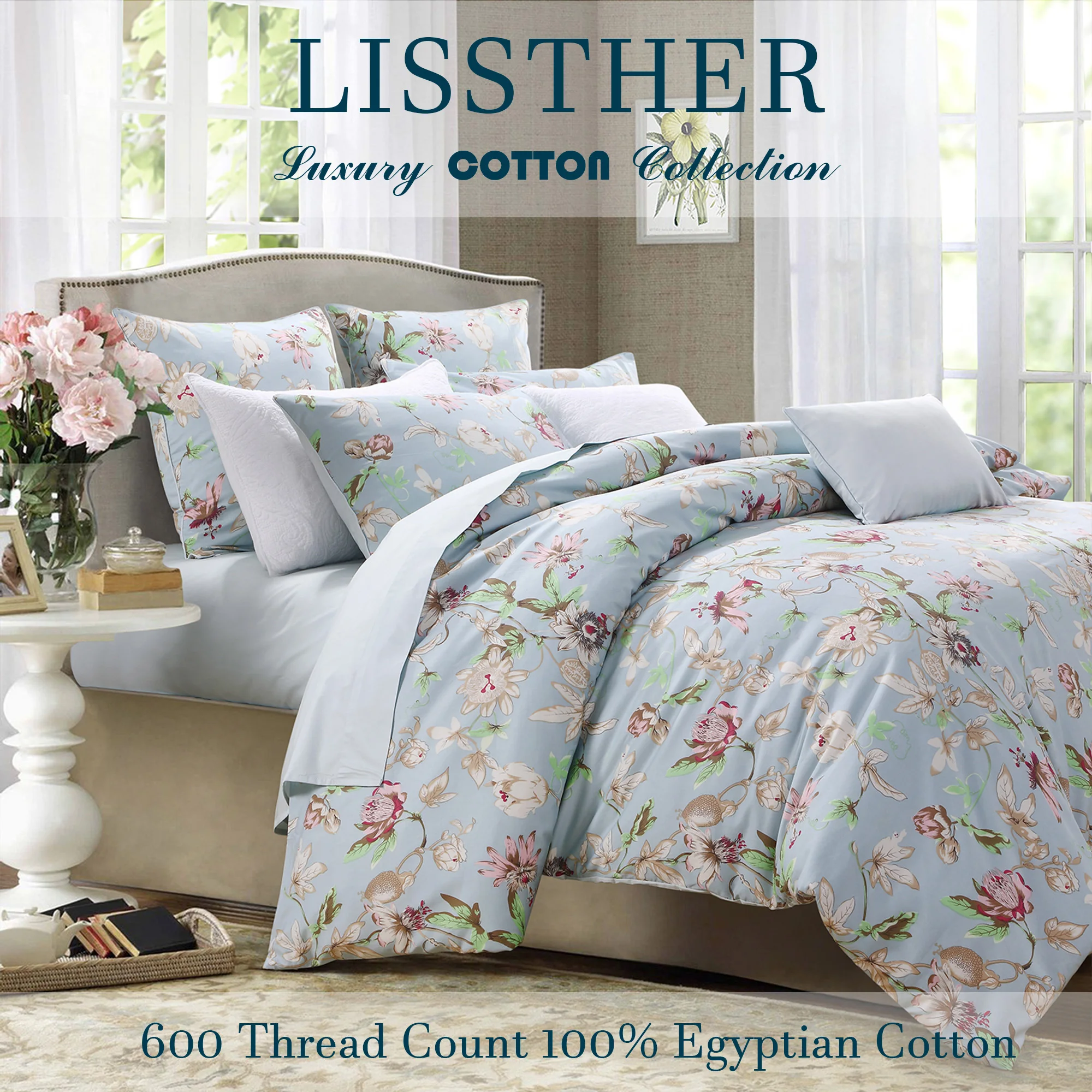 3pcs 600 TC 100% Egyptian Cotton Duvet Cover Set (Without Core), Vintage Classic Colorful Floral In Light Blue Bedding Set